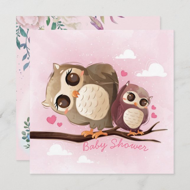 Invitación de Owls Baby Shower (Anverso / Reverso)