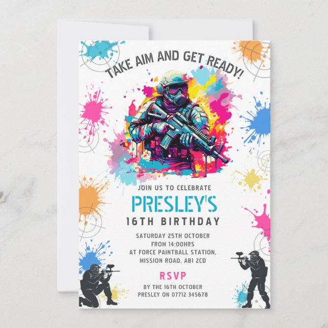 Invitación de Paintball de Neón - Fiesta de Cumple (Anverso)