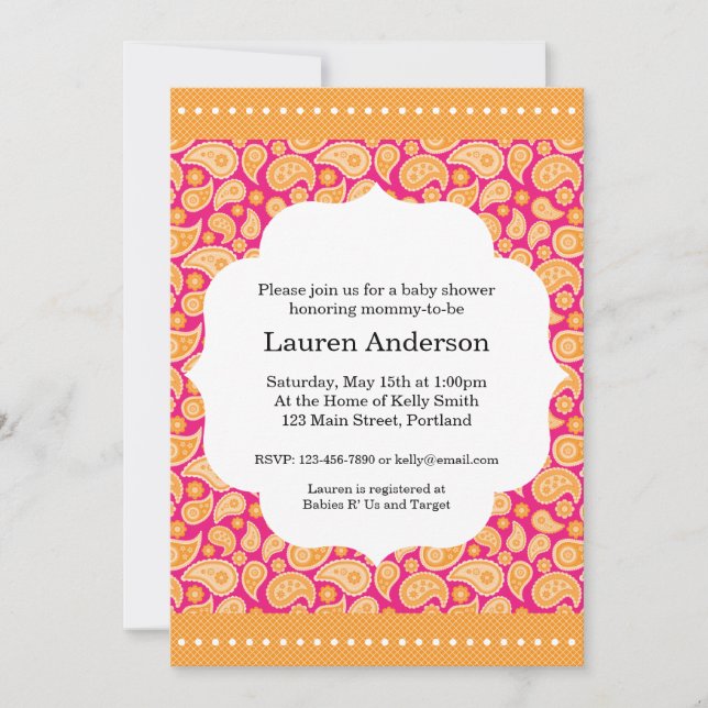 Invitación de Paisley Baby Shower - naranja (Anverso)