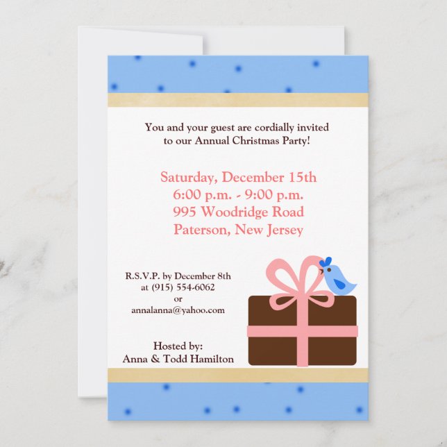 Invitación de pájaro azul presente en Navidad las  (Anverso)