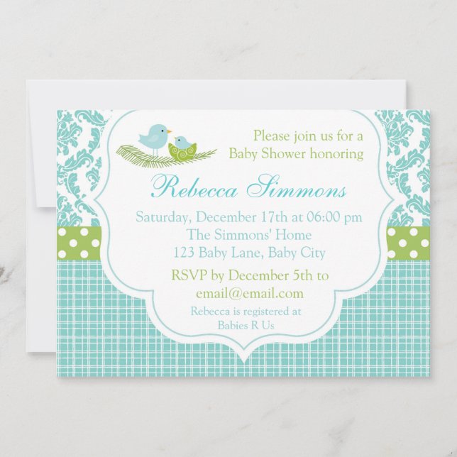 Invitación de pájaro Baby Shower niño Damask Blue  (Anverso)
