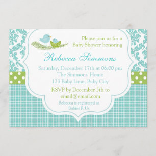 Invitación de pájaro Baby Shower niño Damask Blue