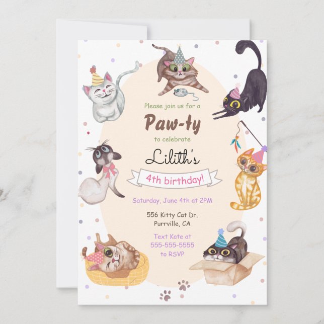 Invitación de pájaro de cumpleaños de gato (Anverso)