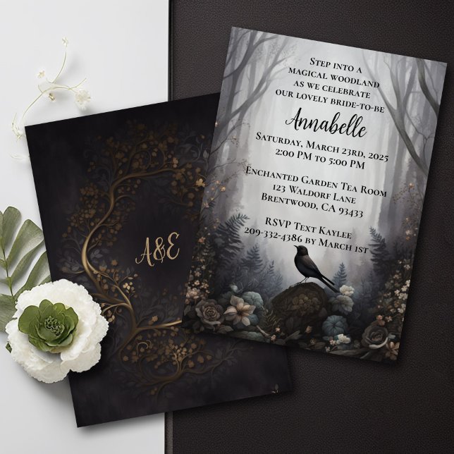 Invitación de pájaro del bosque encantado (An enchanted forest bird invitation in a dark and moody style. )