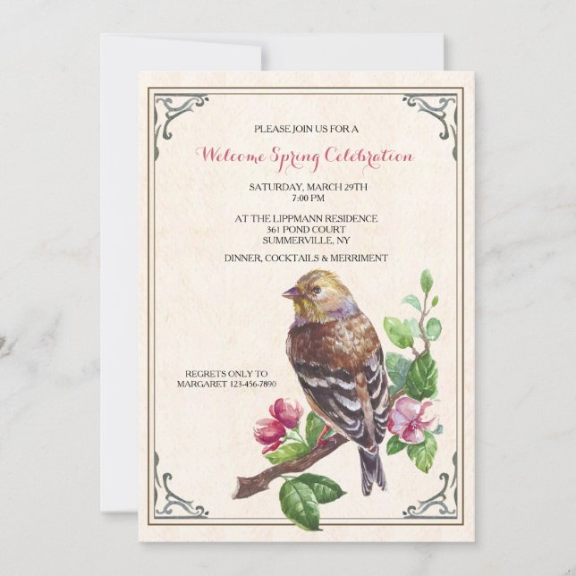 Invitación de pájaros dibujados a mano (Anverso)