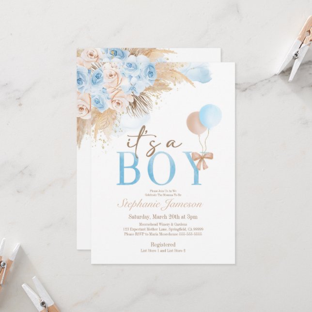 Invitación de pampas de niño bohemio a Baby Shower (Anverso/Reverso In Situ)