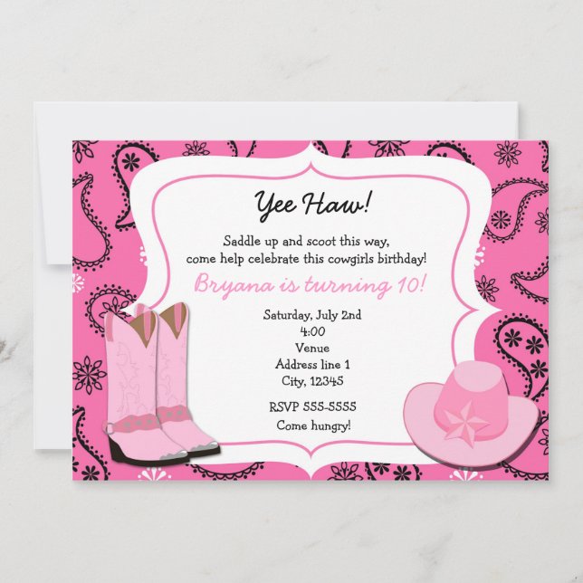 Invitación de Pañuelo de Cowgirl Rosa al estilo We (Anverso)