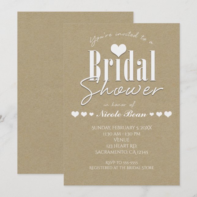 Invitación de papel blanco y marrón kraft para des (Anverso / Reverso)