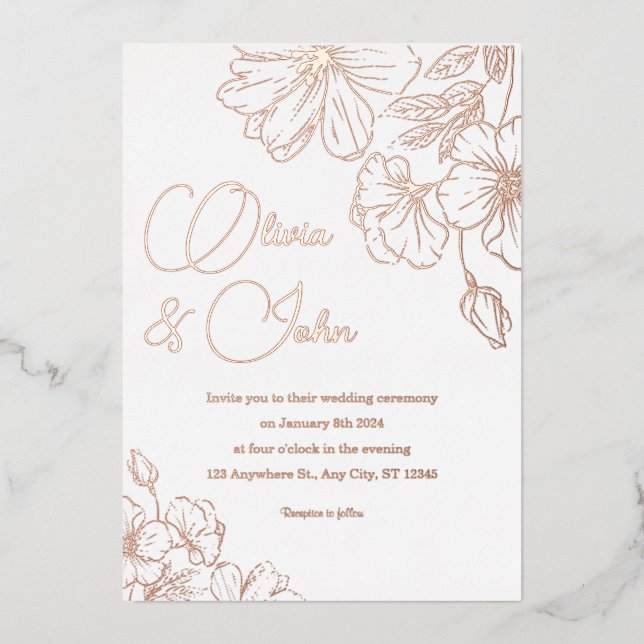 Invitación de papel de aluminio floral de boda ros (Anverso)