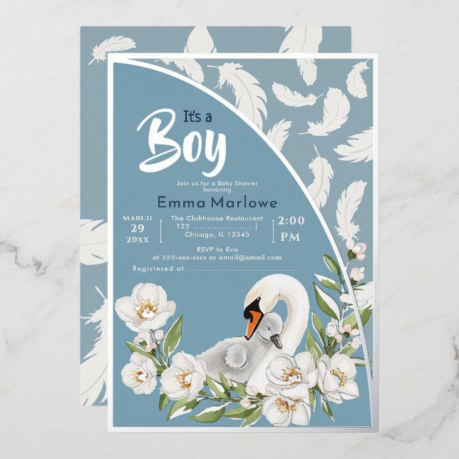 Invitación de papel de aluminio para bebé Cisne Az (Anverso/Reverso)