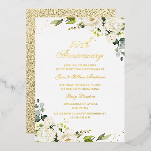 Invitación de papel de oro con flores por el 50 an (Anverso/Reverso)