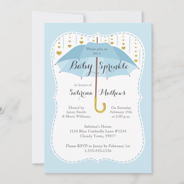 Invitación de paraguas azules para bebé Sprinkle B (Anverso)