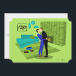 Invitación de Pareja Gay Retro Enamorada<br><div class="desc">Este diseño de invitación para pareja gay retro enamorada es la mezcla perfecta de pasión y kitsch. El diseño de arte minimalista al estilo de los años 60 presenta a una atractiva pareja gay besándose en medio de su hogar cápsula del tiempo impecablemente decorado. La chimenea de ladrillo verde lima...</div>