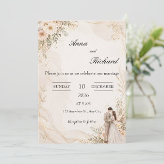 Invitación de Pareja Ilustrada y Florales Rosa Cla
