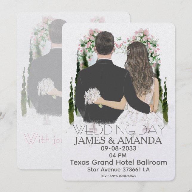 Invitación de pareja romántica en acuarela con pre (Anverso / Reverso)