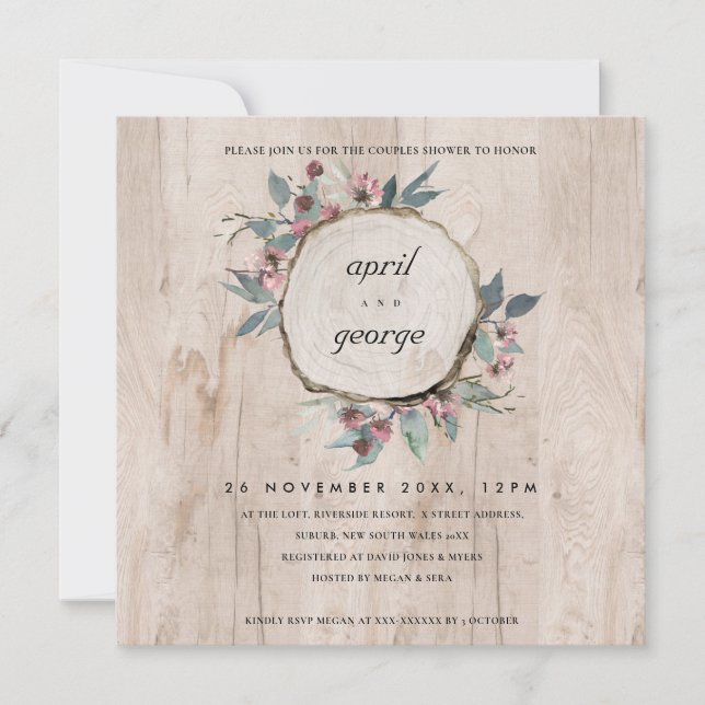 INVITACIÓN DE PAREJAS DE MADERA RÚSTICA DE FLORA P (Anverso)