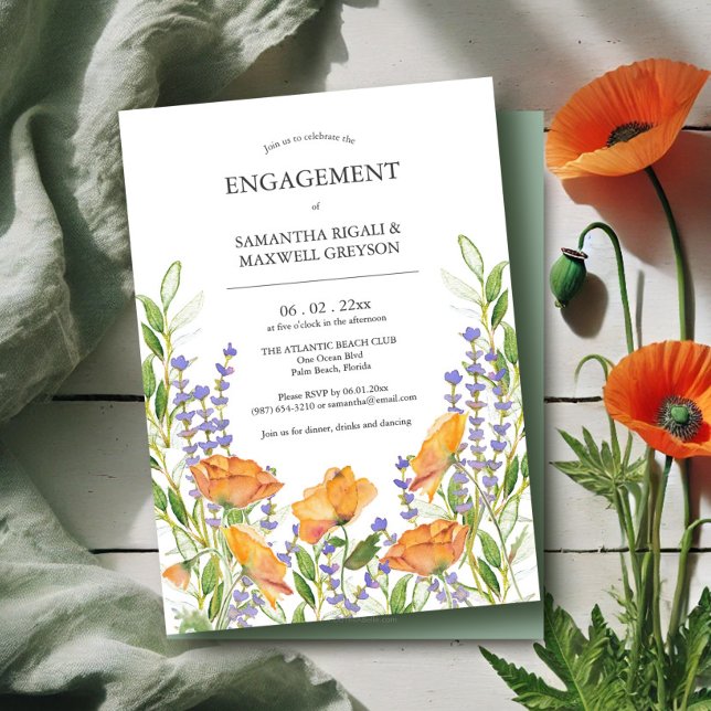 Invitación de Parte de Compromiso acuarela floral (Engagement invitations watercolor wildflowers art by Victoria Grigaliunas of Do Tell A Belle)