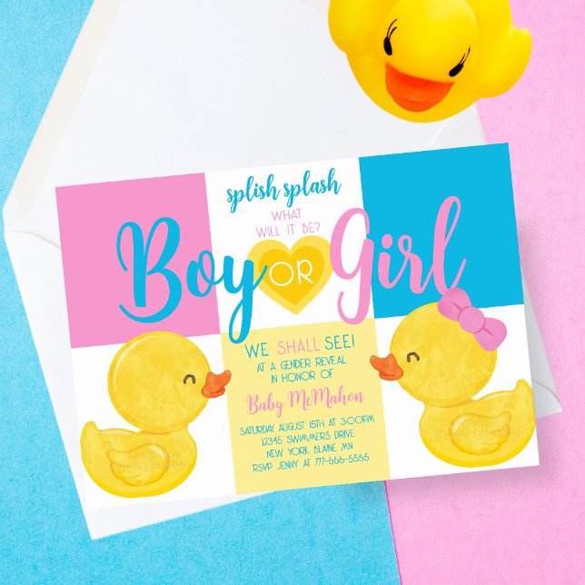 Invitación de partido a la moda del pato de caucho (Trendy Unique Watercolor Rubber Ducky Gender Reveal Party Invitations. In Blue, Pink and Yellow.)