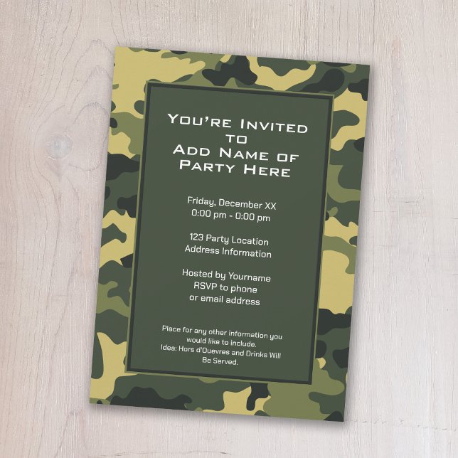 Invitación de partido: Camuflaje Verde Militar (A camouflage print birthday party invitation)
