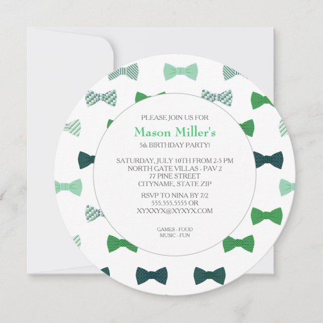 INVITACIÓN DE PARTIDO DE CUMPLEAÑOS BOW TIE Round  (Anverso)