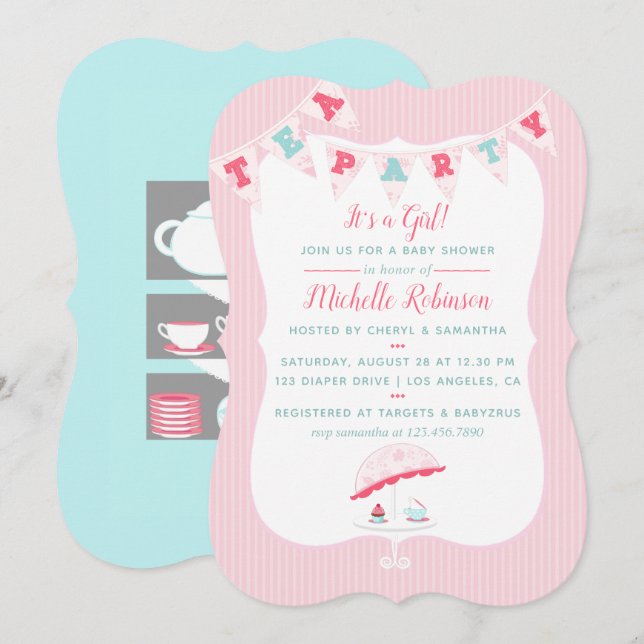 Invitación de partido de té Baby Shower Chica de S (Anverso / Reverso)