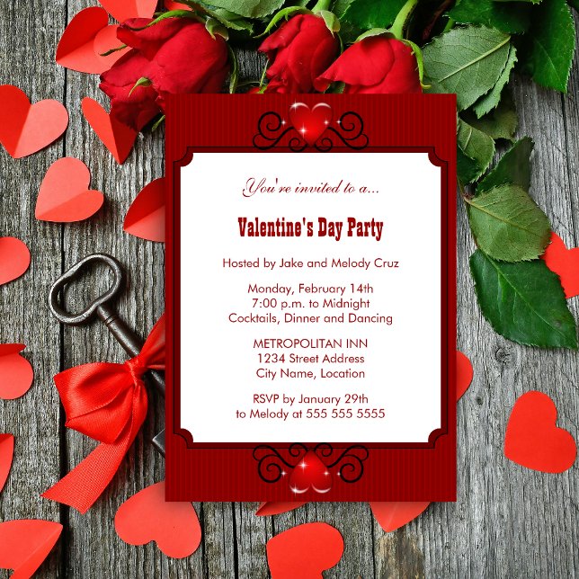 Invitación de partido el día de San Valentín (Valentine's Day party invitation front view.)