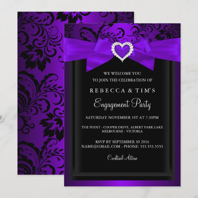 Invitación de partido Purple Romantic Heart Engage (Anverso / Reverso)