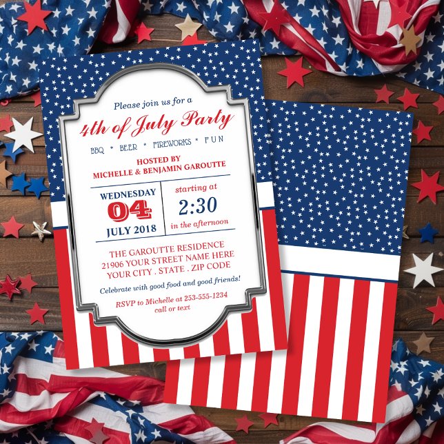 Invitación de partido rojo, blanco y azul el 4 de  (Red, White and Blue 4th of July Party Invitation)