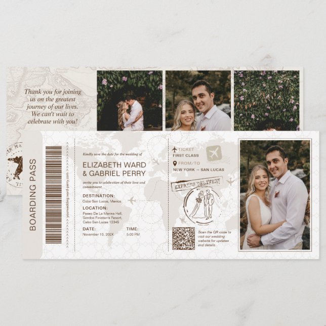 Invitación de Pasaje de Abordaje para Boda Save Th (Anverso / Reverso)