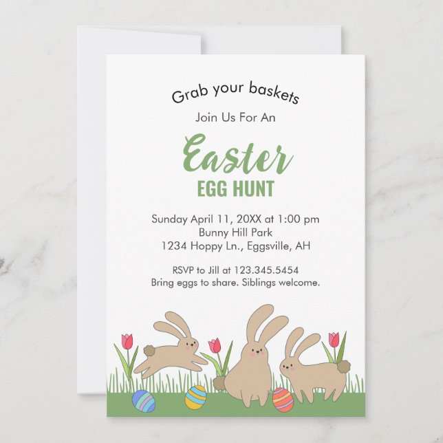 Invitación de Pascua con conejos divertidos Caza d (Anverso)