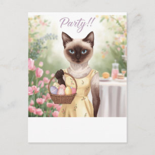 Invitación de Pascua con gato siamés a la fiesta