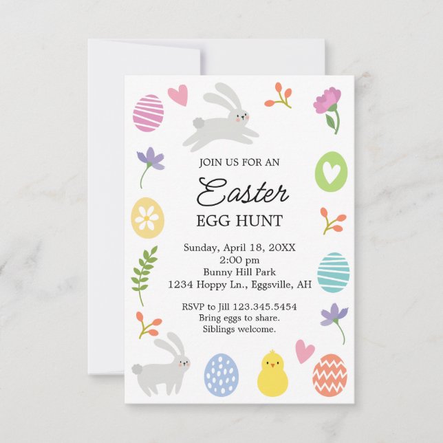 Invitación de Pascua de conejito lindo con borde C (Anverso)