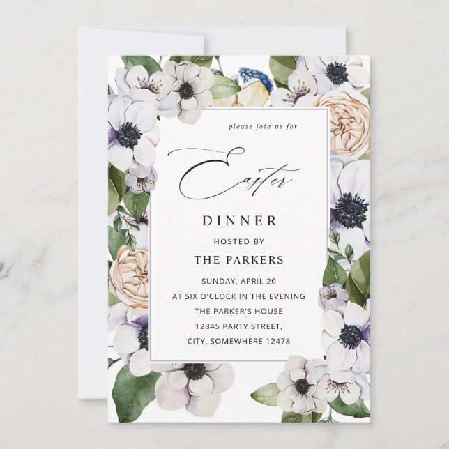 Invitación de Pascua Floral Blanca Anemone (Anverso)