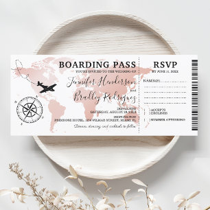Invitación de Pase de Abordar Rosa Dorado Boda Map
