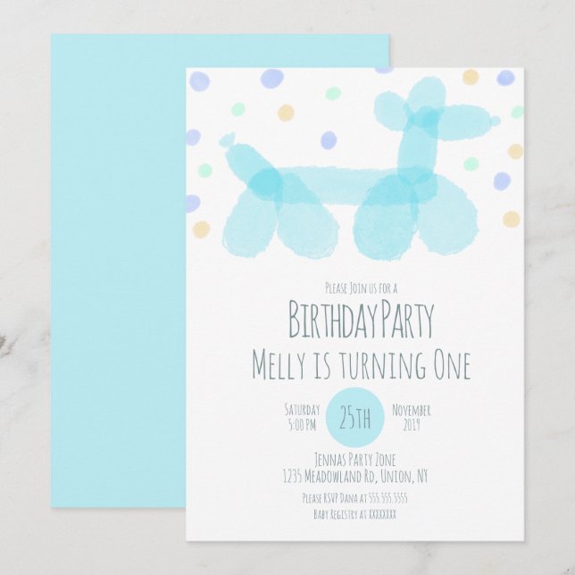 Invitación de Pastel Azul de los Animales de Globo (Anverso / Reverso)