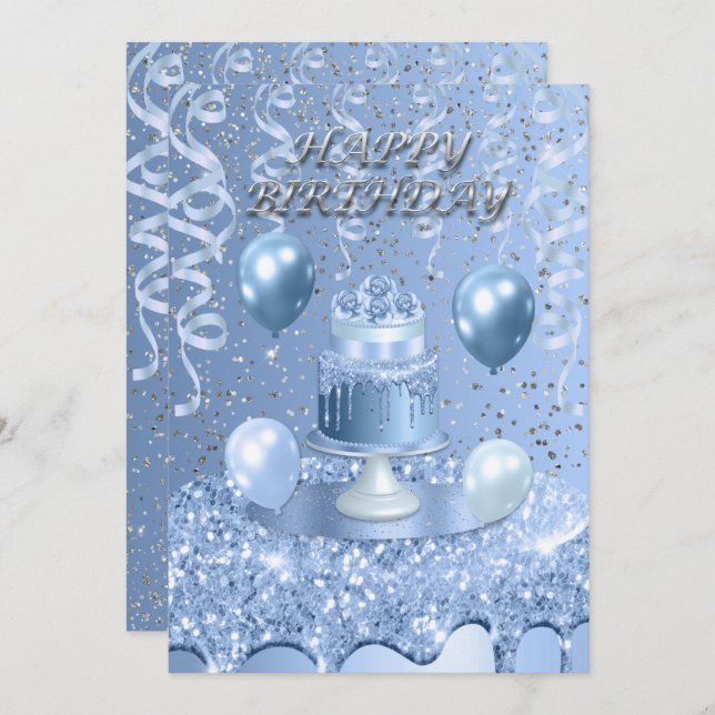 Invitación de pastel de cumpleaños azul brillante (Anverso / Reverso)