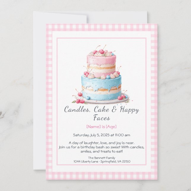 Invitación de pastel de cumpleaños en acuarela – r (Anverso)