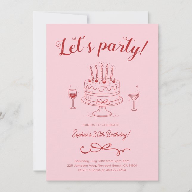 Invitación de pastel de cumpleaños rojo rosa cerez (Anverso)