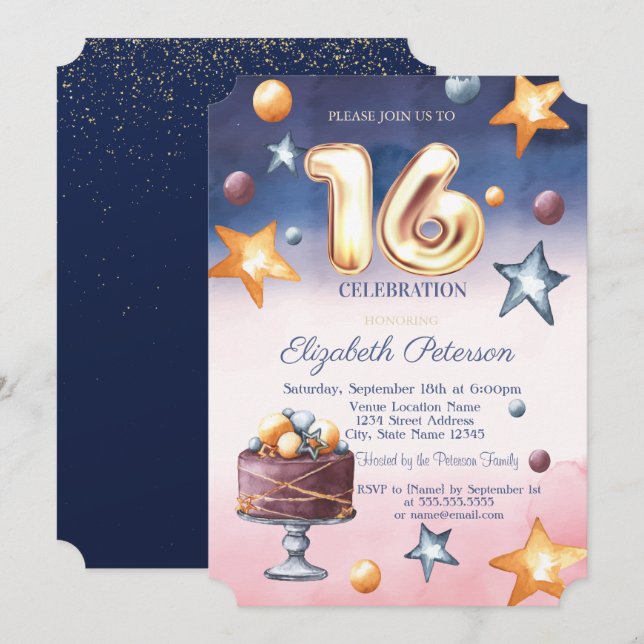 Invitación de pastel de estrellas ombre de acuarel (Anverso / Reverso)