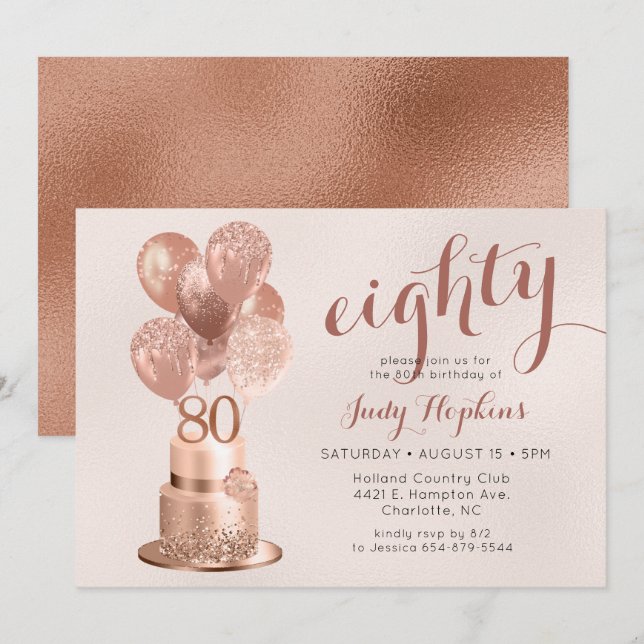 Invitación de pastel de oro rosa para el 80 cumple (Anverso / Reverso)