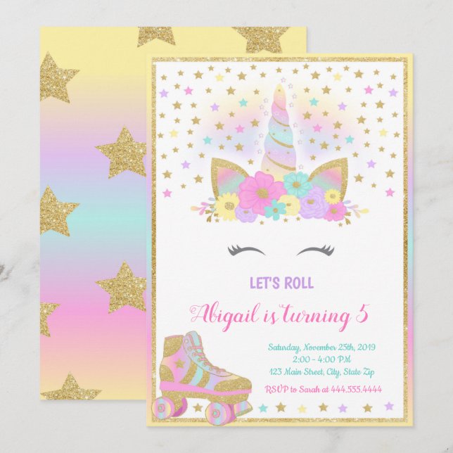 Invitación de patinaje sobre ruedas de unicornio,  (Anverso / Reverso)