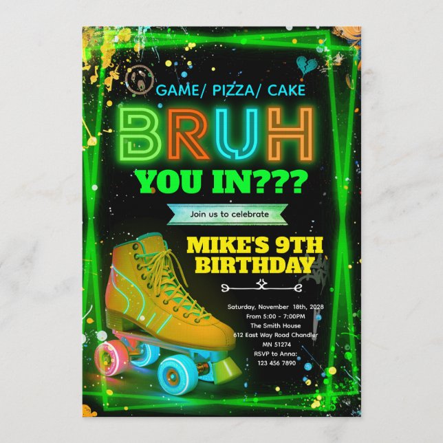 invitación de patines de rodillos neon Bruh  (Anverso)