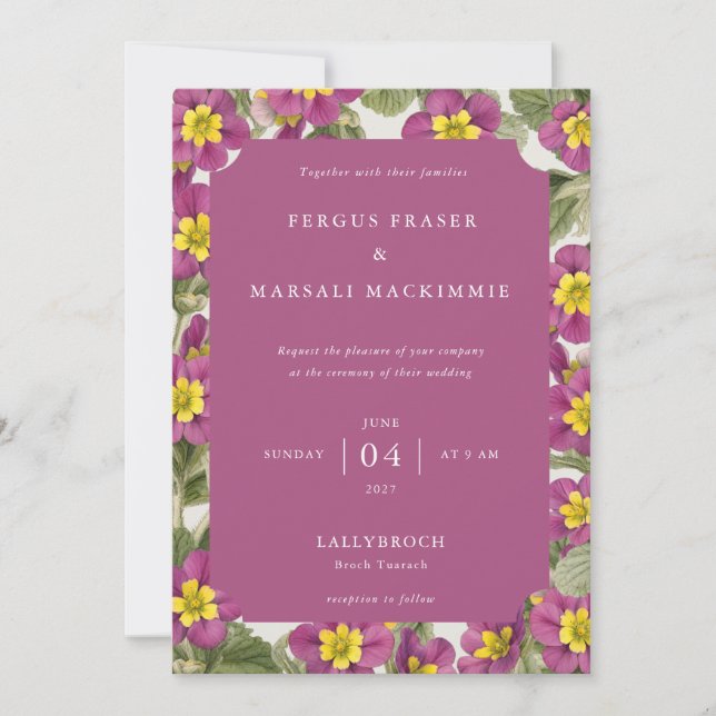 Invitación de patrón botánico de prímula escocesa (Anverso)