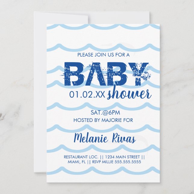 Invitación de patrón de olas azules para baby show (Anverso)