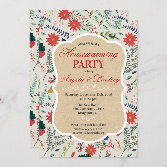 Invitación de patrón floral para fiesta de inaugur (Anverso / Reverso)