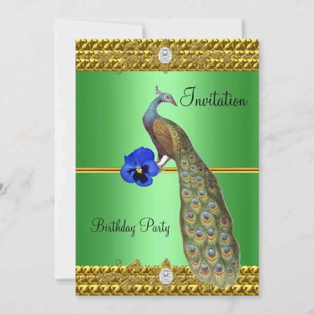 Invitación de pavo real dorado elegante (Anverso)