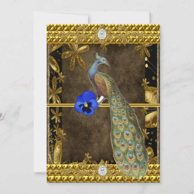Invitación de pavo real dorado elegante (Anverso)