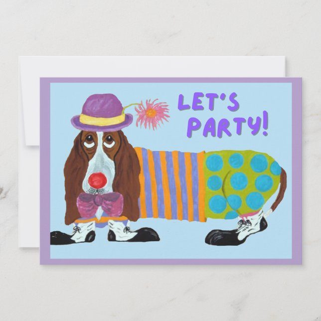 Invitación de payaso de Basset Hound para fiesta (Anverso)