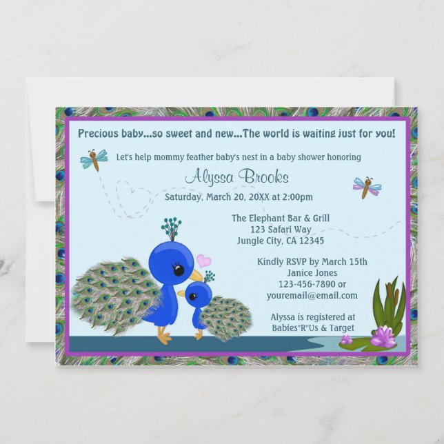 Invitación de PEACOCK Baby Shower chica boy mommy  (Anverso)