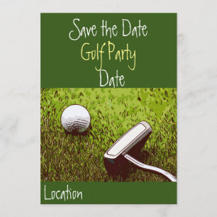 Invitación de pelota de golf con putter en césped 